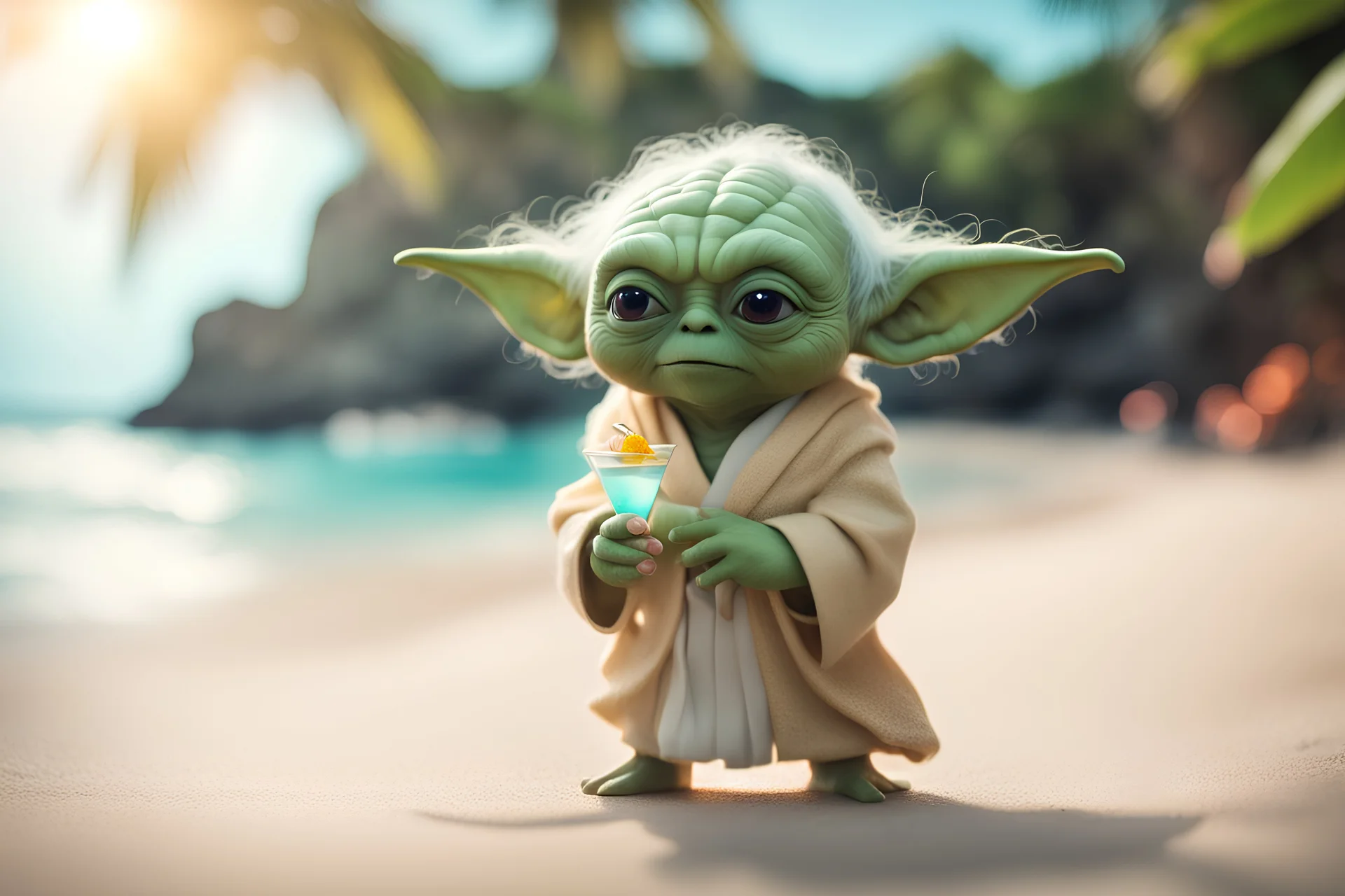 cute chibi yoda fairy in a tropical beach with cocktail in sunshine, ethereal, cinematic postprocessing, dof, bokeh