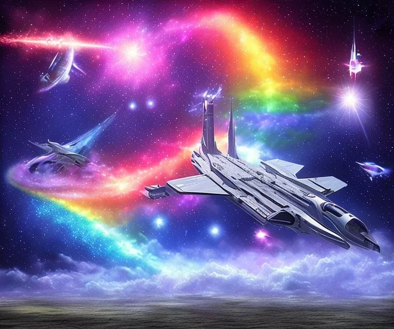  arcobaleno cielo stellato+ astronavi nel cielo+ragazze dal viso bellissimo