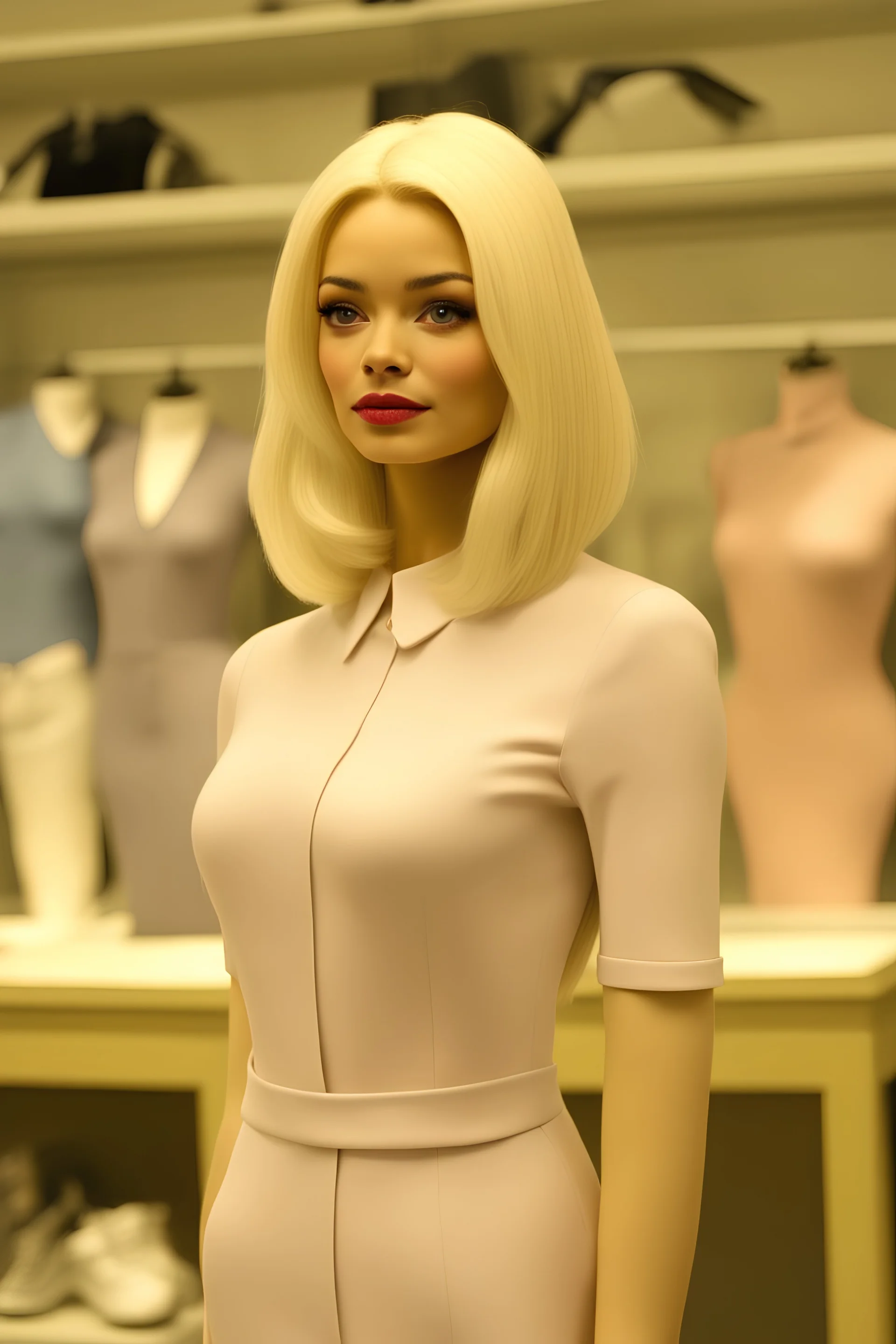 Holly Willoughby as a plastic shop Mannequin on a visible stand in a clothes shop store room next to other Mannequins to which she looks very similar, with no mouth only painted lips, false eyes, separation marks are visible around the base of the neck highly detailed, full body, soft lighting, ultra realistic,