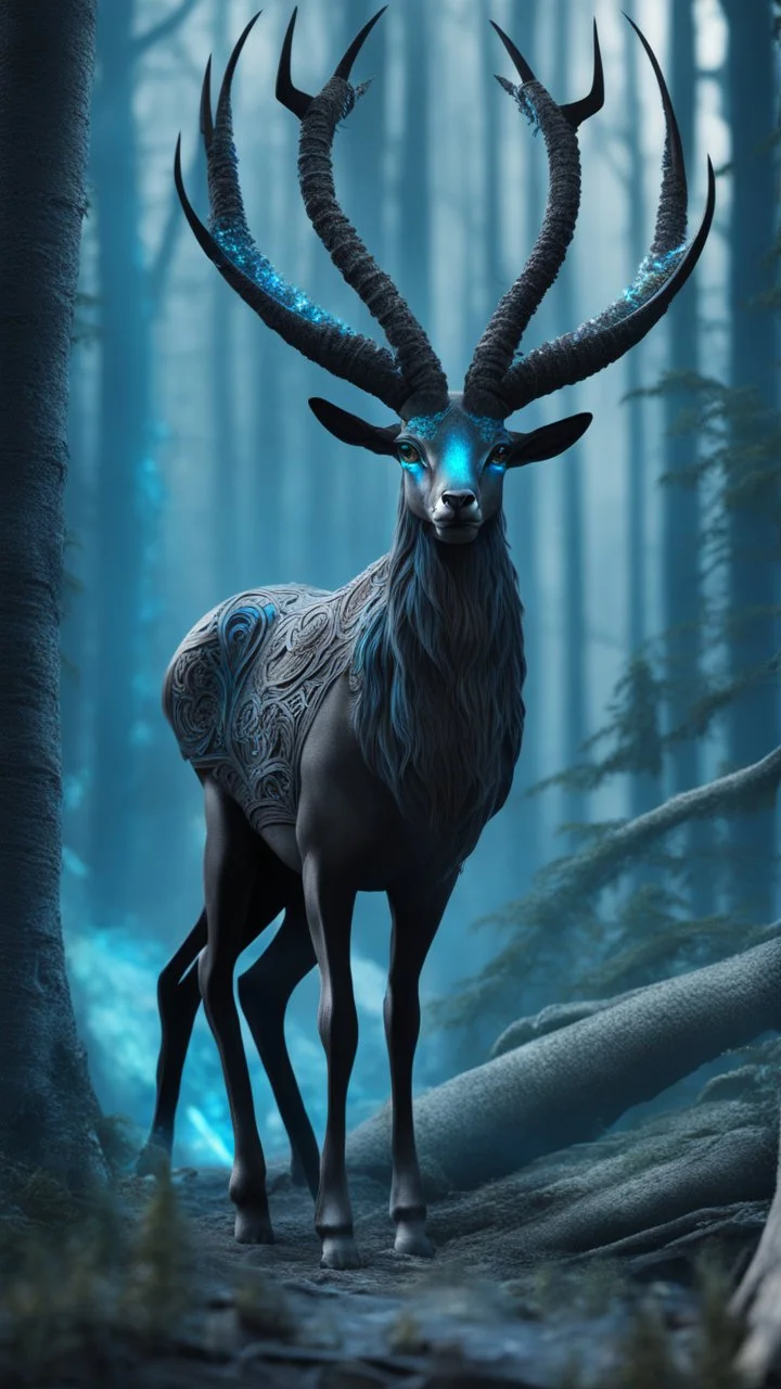 Dark forest, fantasy forest, gazelle with blue neon Crystal horns , intricate details, highly detailed, dreamshaper finetuned model with dynamic art style witg