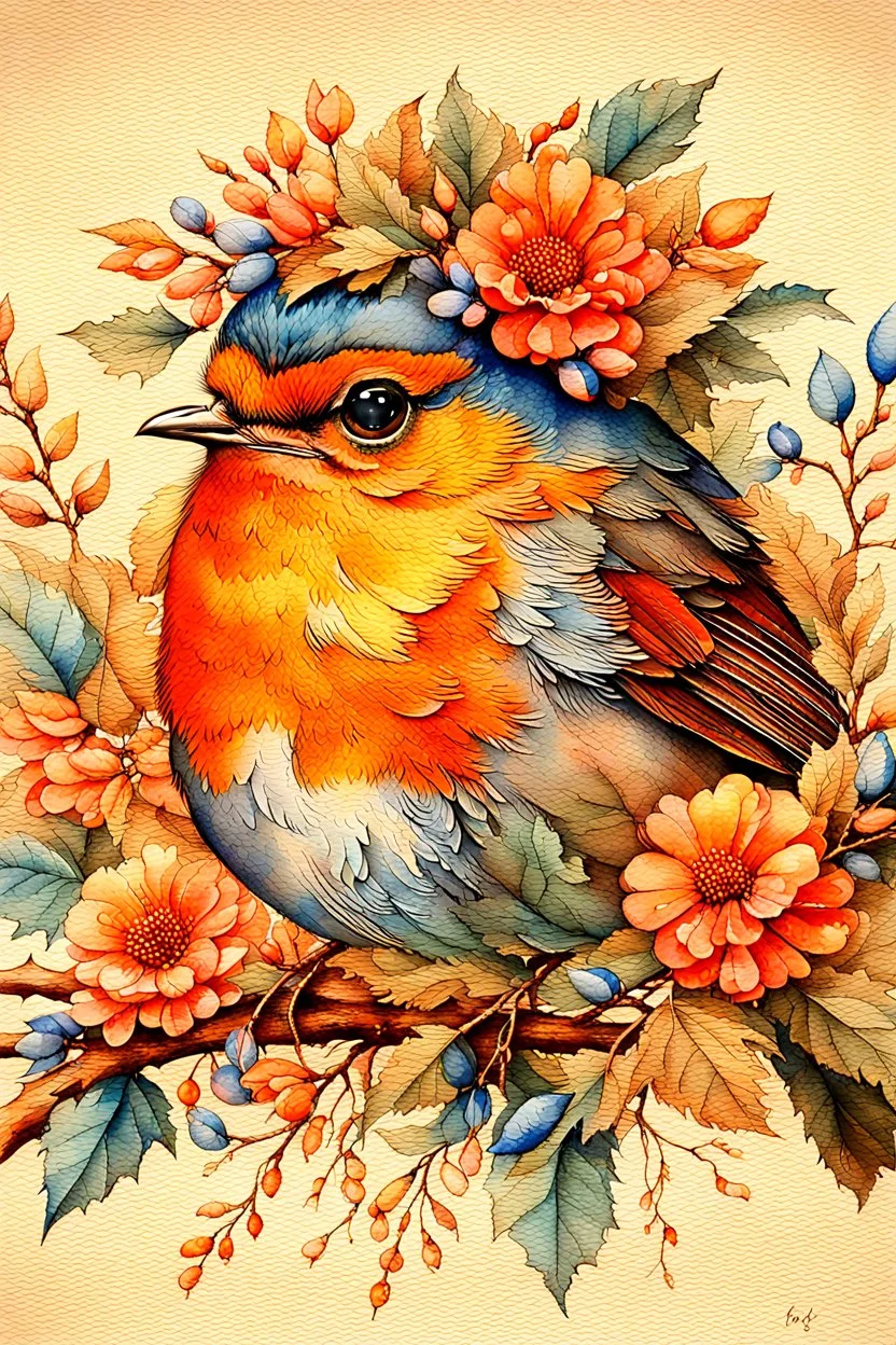 This enchanting, extremely detailed watercolor features a 3/4 closeup portrait of a vibrant Robin, adorned with flowers and a foliage crown, setting on a branch against a heavily textured beige background. nature and whimsy in a botanical style. The piece boasts warm orange and cool blue hues. .