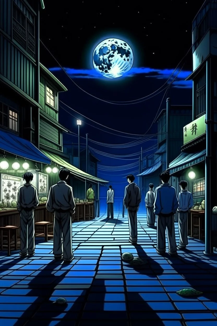 THE MOON HIDDEN SHADOWY FIGURES in old busy market meeting big brother STYLE OF HIROKU OGAI