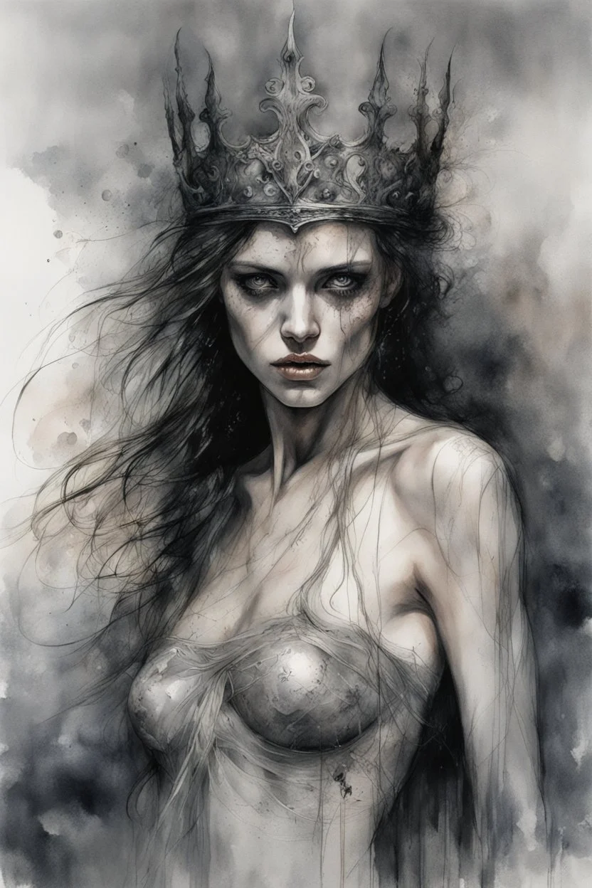 Hyper-photorealistic watercolor art style by Luis Royo & Agnes Cecile, Surreal fine art etching of a figure by Luis Royo, tanned skin inscribed with the transient story of mortality, ethereal light playing with its form whispering tales of an eternal realm, eyes, black as the depths of the night, ardently pinand looking towards the endless skies, a crown of black hair mirroring the mystery of the cosmos around, whole scene tinged with an ethereal softness from volumetric lighting, hues gr,