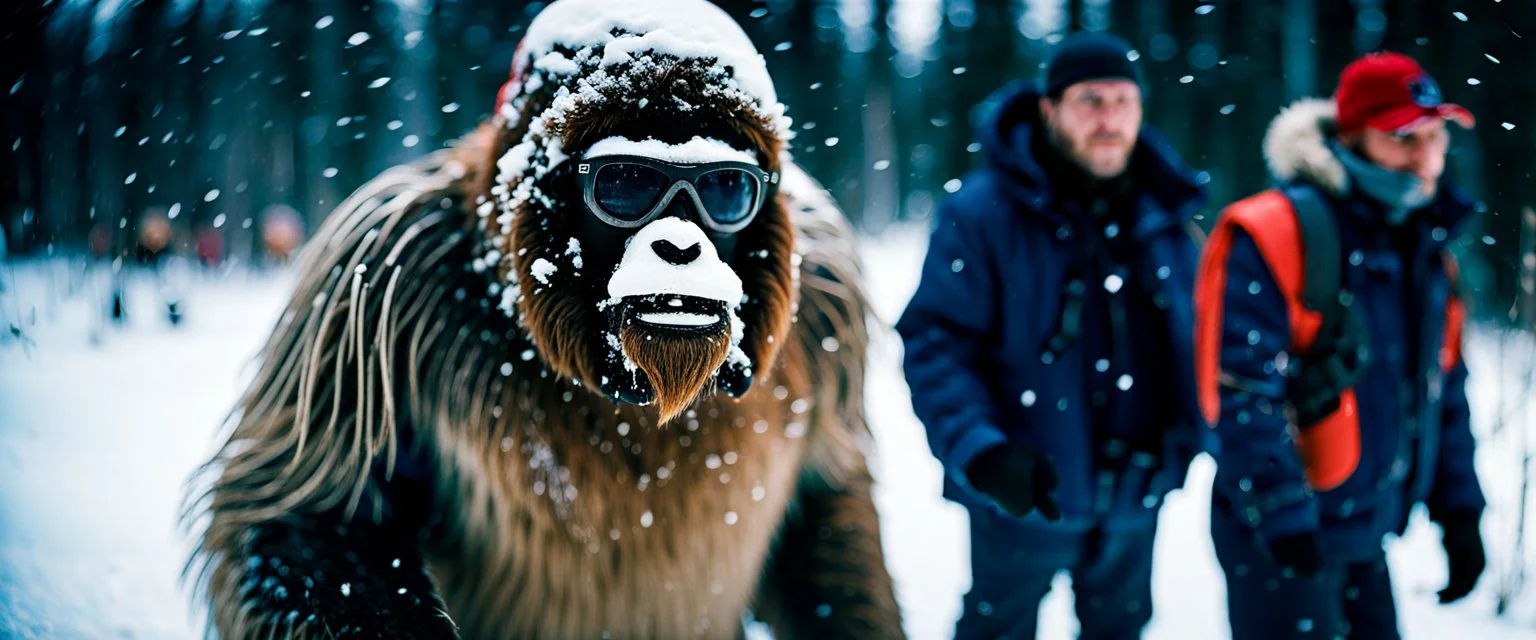 close up documentary photography, Yeti, Polar/Snow Bigfoot, Dystopian, Japanese, Extreme depth of field, bokeh blur, winter, blizzard, Alberta, all-natural, in the style of candid, imperfection, natural lighting, Professional shot, shot on Agfa, Fuji Film, Anamorphic lens, November, 1990s, --ar 4:5 --w 150 --style raw