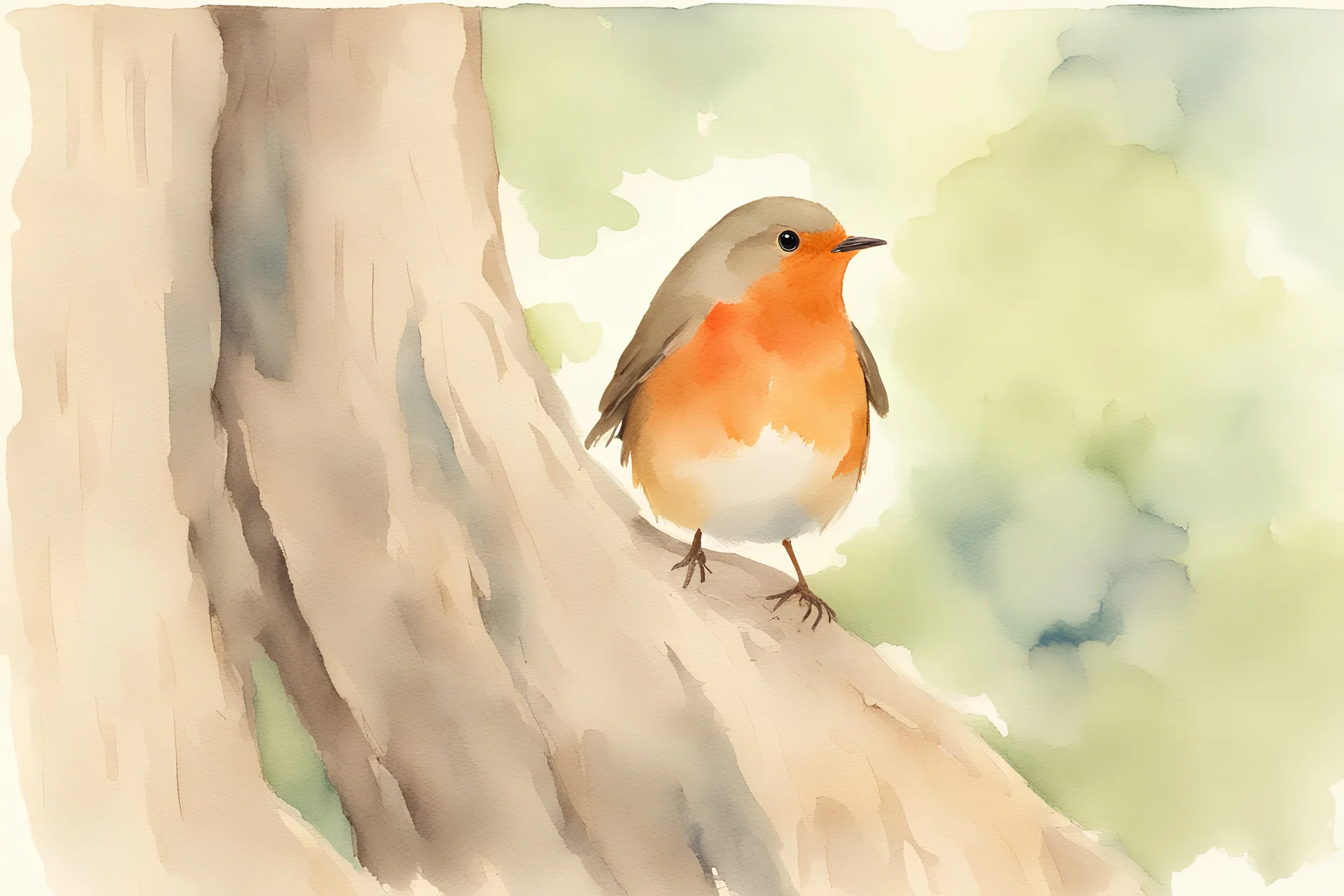 "little boy sitting on a tree trunk, next to a robin" "Watercolor""