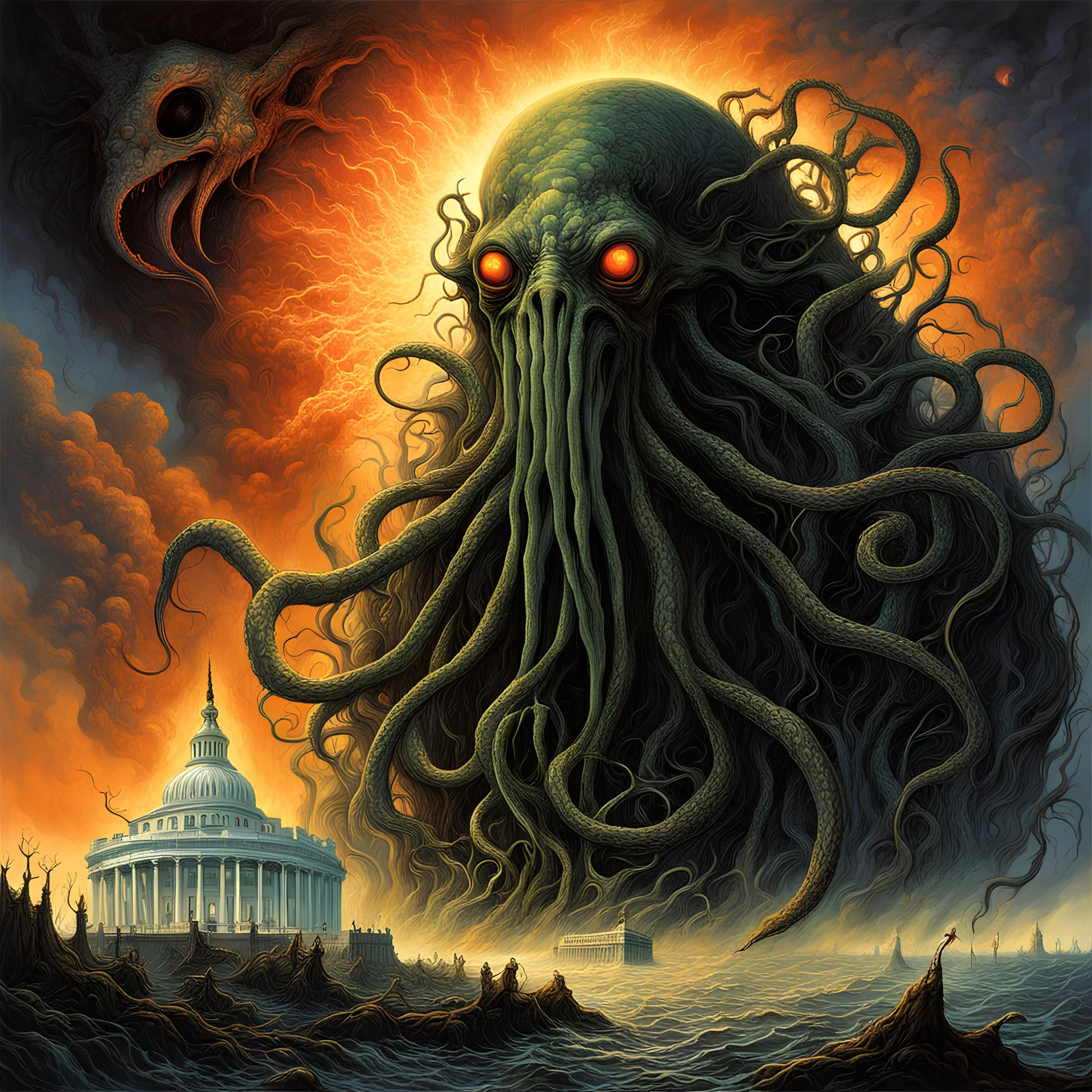 by Michael Whelan and Zdzislaw Beksinski and Luis Royo, Lovecraftian eruption in Washington DC, Cthulhu-like elder god entity curls around the Washington White House nightmarish images pour out of its mouth blanketing the sky with a miasma of Eldritch horrors, fantastical digital art, dramatic, Eldritch, hyperdetailed, dark colors.