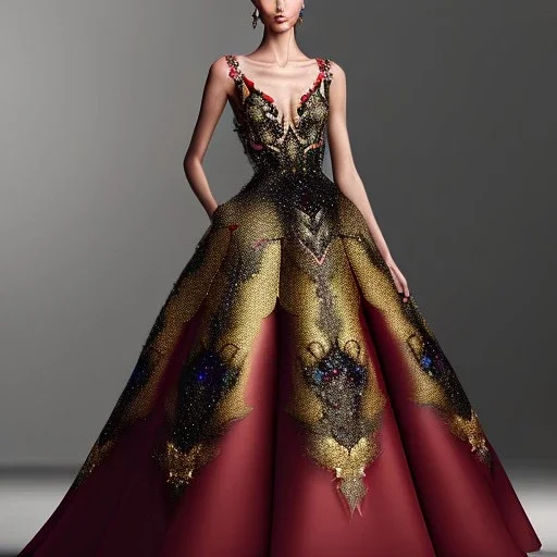 stunning couture gown designed by Marchesa inspired by fairies, realistic epic elegant fantasy colors in gold and black and red,decorated with precious stones, detailed, high quality, intricate, fantasyland background,