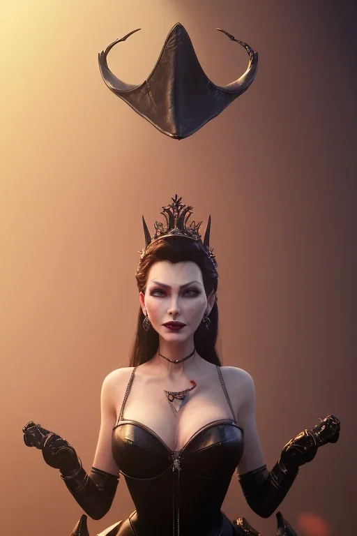 Mari Blanchard as evil queen in black leather, leather, busty, cleavage, angry, stern look. character design by cory loftis, fenghua zhong, ryohei hase, ismail inceoglu and ruan jia. unreal engine 5, artistic lighting, highly detailed, photorealistic, fantasy