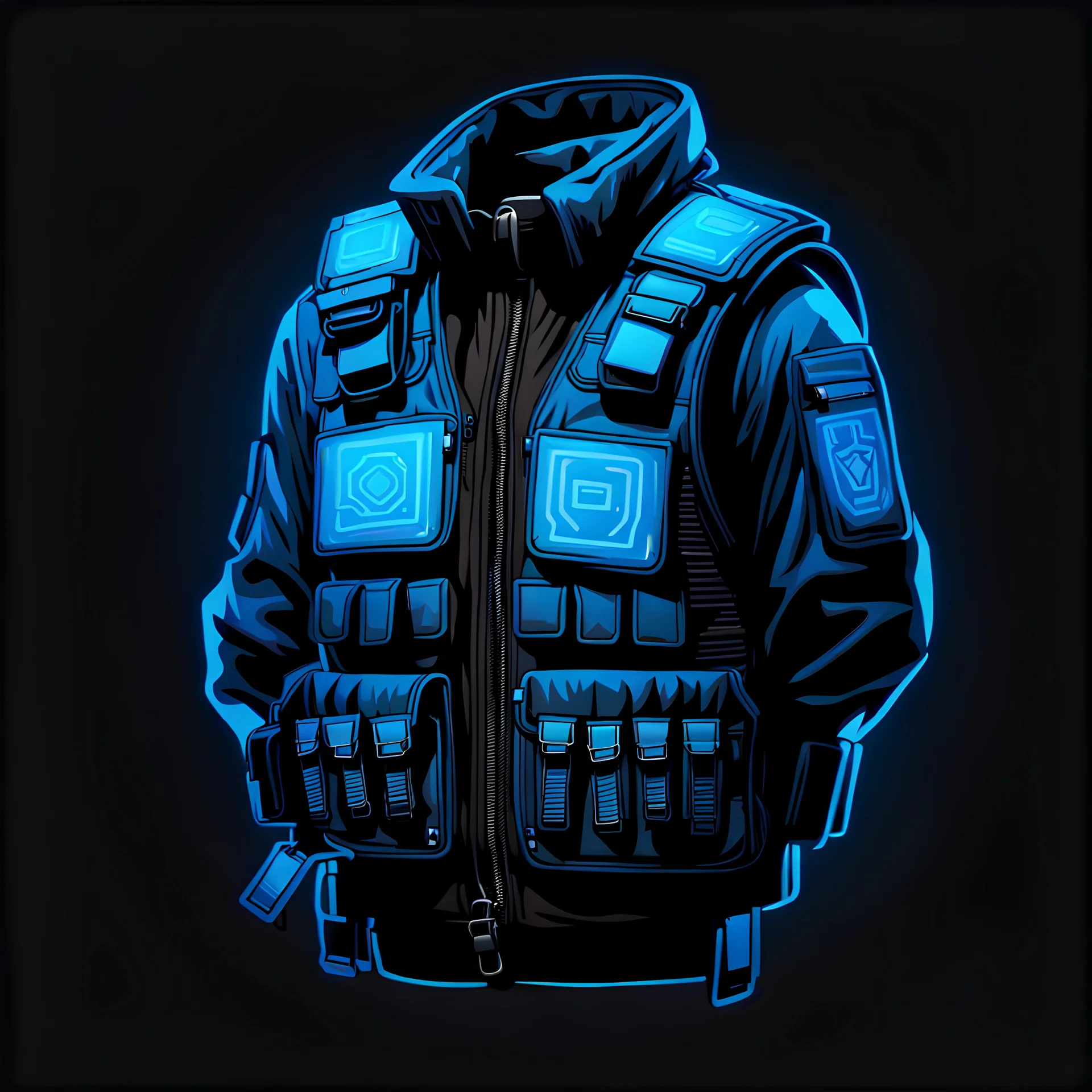 tactical vest, black background, blue, cyberpunk style, video game icon