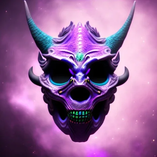 oni purple mask in galaxy, teal and purple smoke, detailed, realistic, 4k