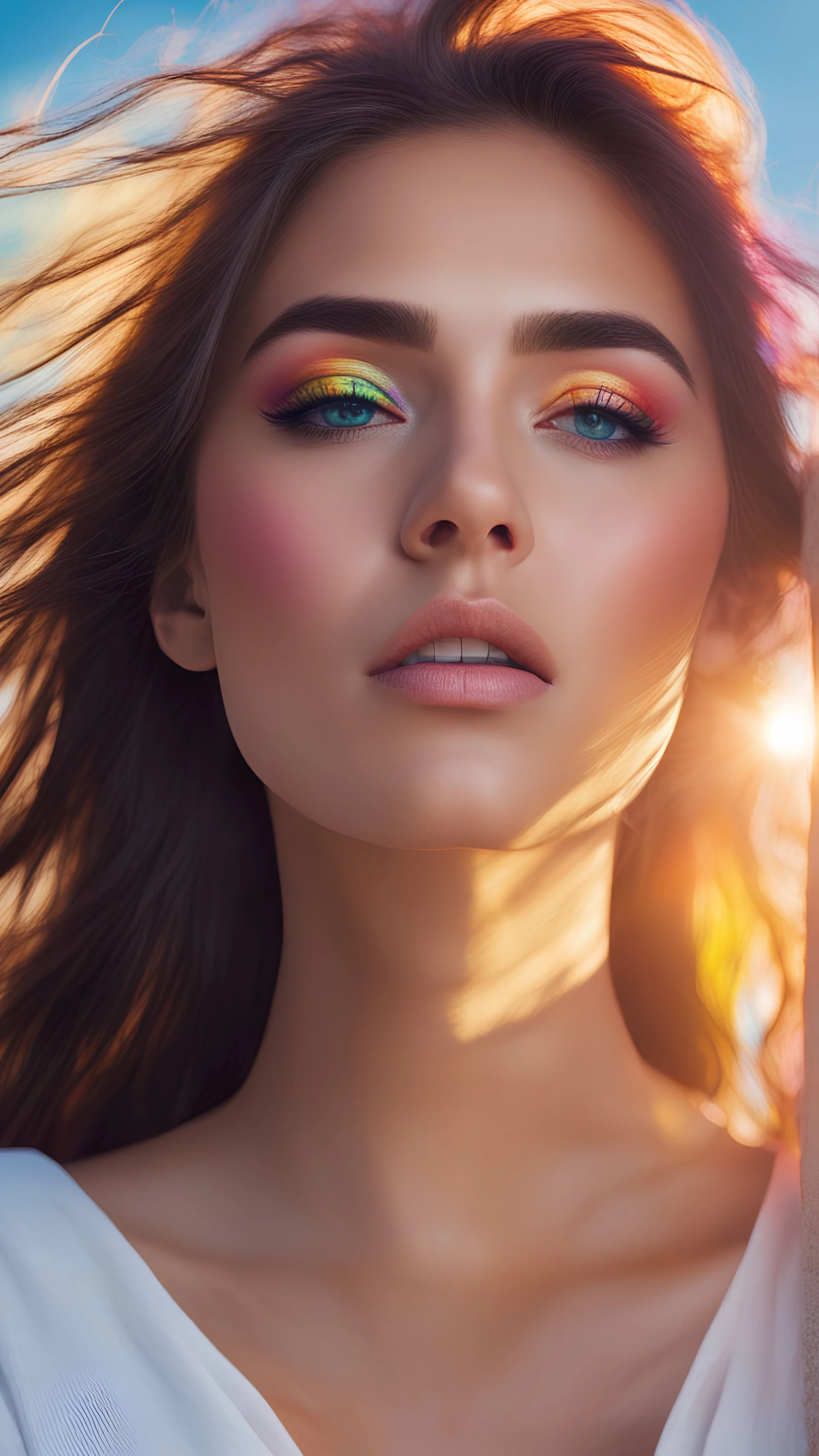 art of a beautiful girl just awake from sleep and the sun after her, 4k colors. real skin, looking at the sky, some rainbow