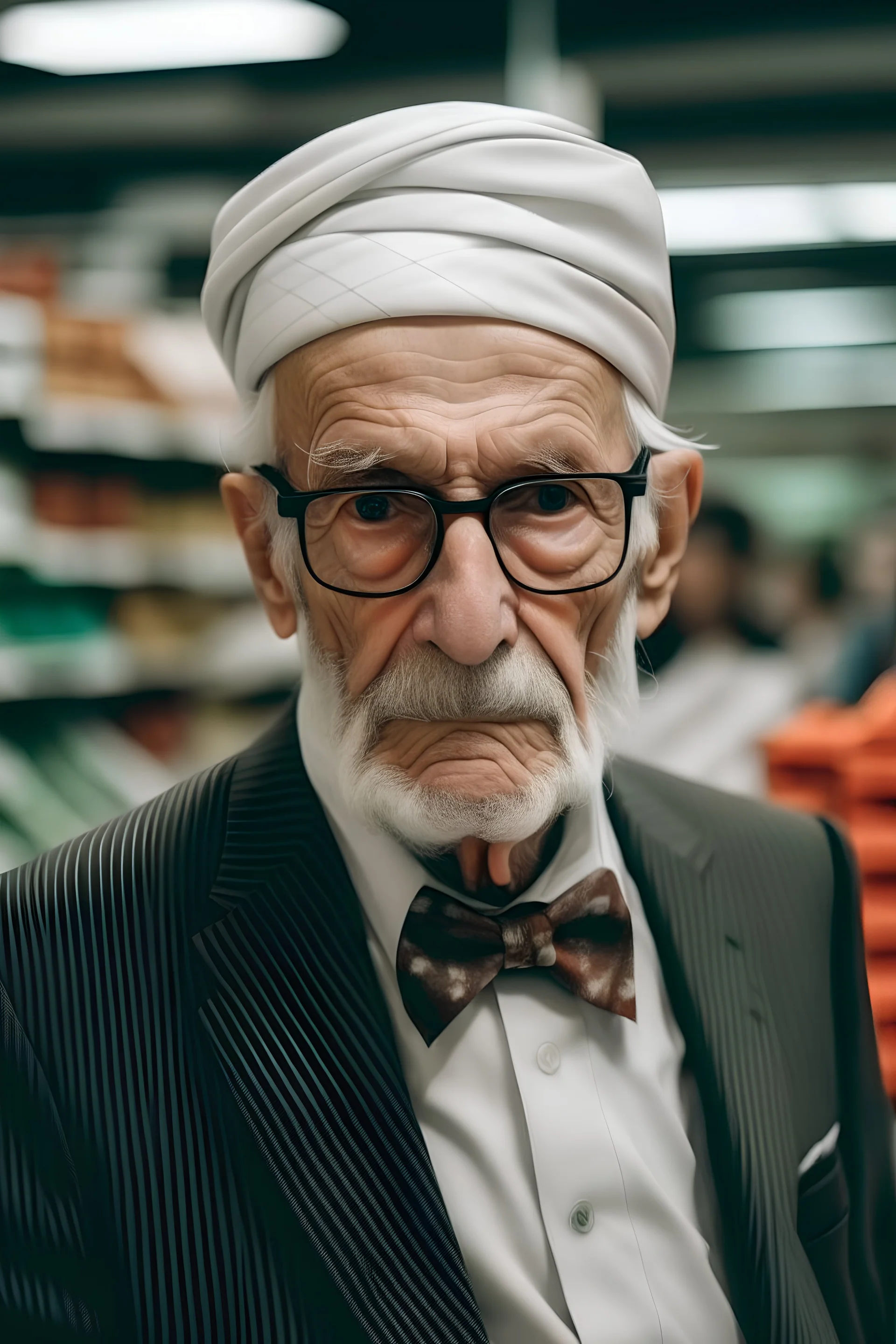 un retrato de un anciano con corbata y un pañuelo en la cabeza en un supermercado