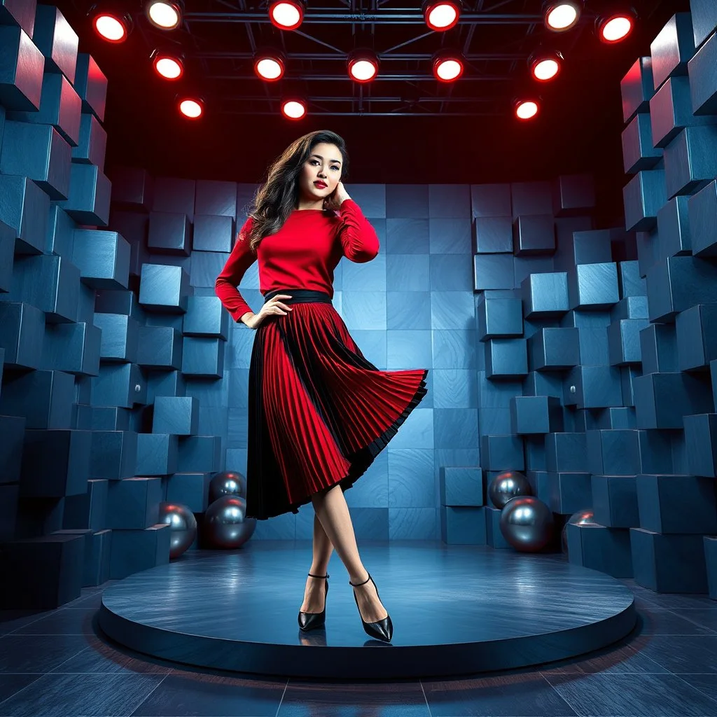 make a picture pretty stage made of metallic blue-gray teme 3d recursive cubic and sphere base structures and a beautiful fashion model lady posing with cute in black and white and the scene is in color,with dark red top and pretty pleated midi skirt ,makeup curvy long hair,dynamic camera zoom to full body and pan, dynamic lights.