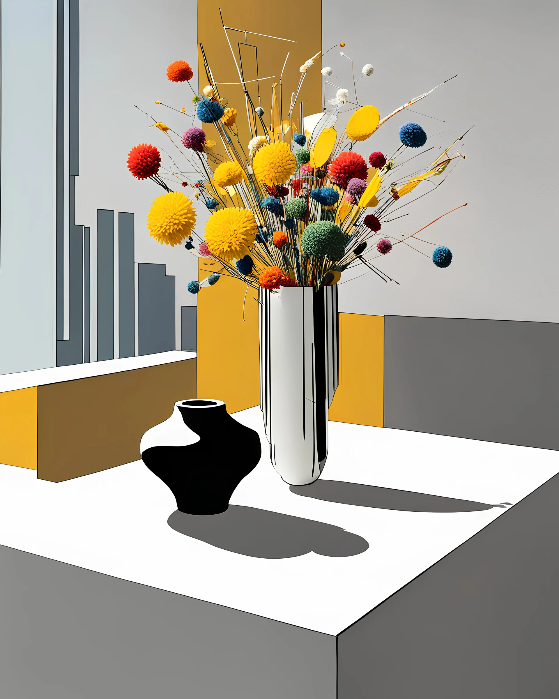 very sunny day at 11 a.m. volumetric lightning, intricate qwilling floral bouquet in minimalist vase on brutalist table, sophisticated composition, contemporary urban art gallery context, inspired by Mark Rothko, Wassily Kandinsky, Benetton and Bruno Munari.