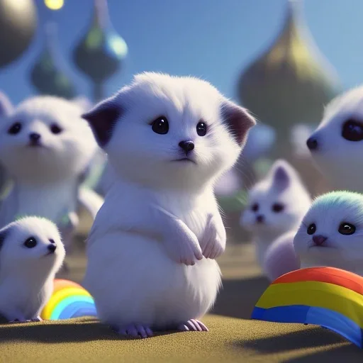 tiny cute fluffly fantasy creatures on a tropical beach, rainbow fuzz, adorable, unreal engine, octane render, bokeh, vray, houdini render, quixel megascans, arnold render, 8k uhd, raytracing, cgi, lumen reflections, cgsociety, ultra realistic, 100mm, film photography, dslr, cinema4d, studio quality, film grain