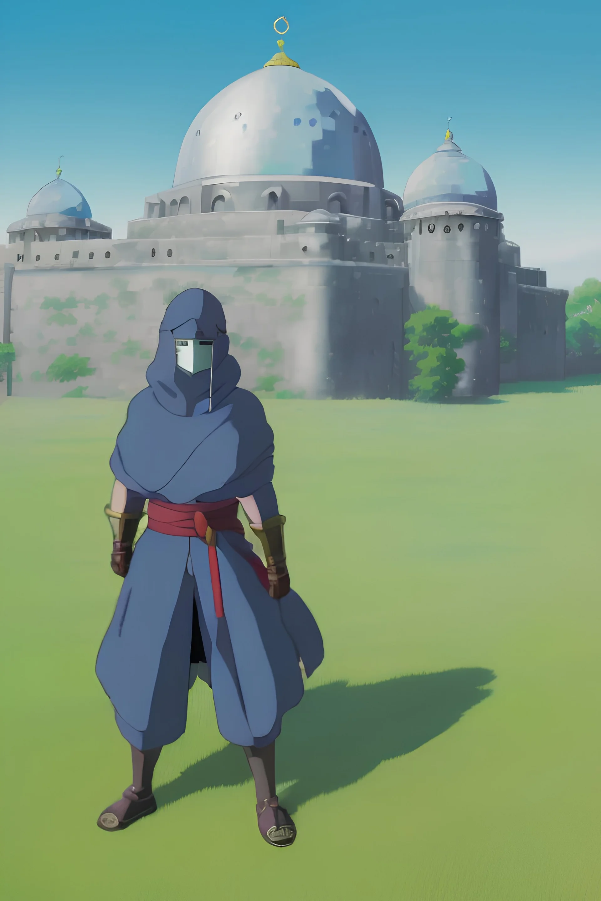 masked knight, 8k resolution, assassins creed, shield, mosque and oasis background