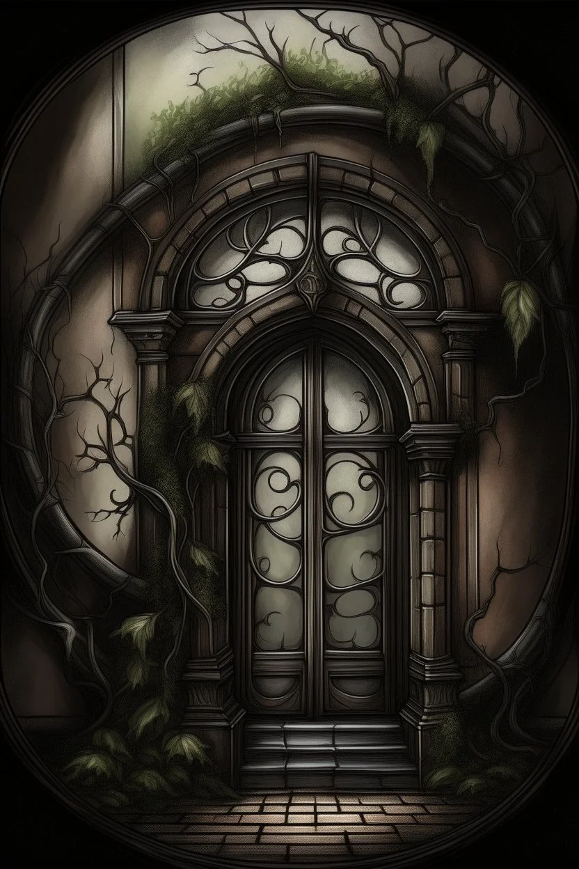 magic building, round windows, door, brickwork, ornament of branches and leaves, mysticism, fantasy, Gothic detailing, grunge canvas, oil, magic, fantasy, soft illumination, haze, ink, fine drawing, megadetalization, megarealism, drawing in colored ink, dark tones