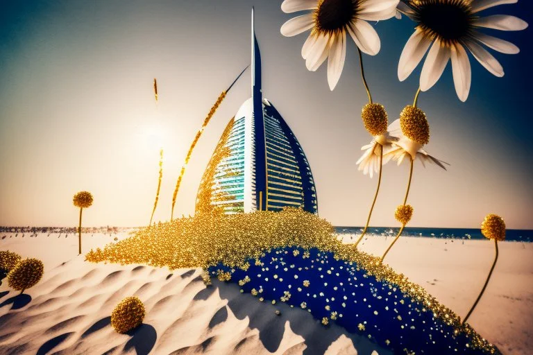 Burj al arab made of daisy flowers in the sand in the sunshine, watercolor and black ink outlines, sparkling golden glitter, ethereal, cinematic postprocessing, bokeh, dof