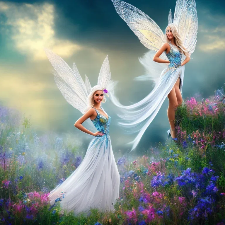 Fantasy fairy with transparent wings, smiling, make up, long platinum blond hair with crown and flowers, blue dress, flowering background