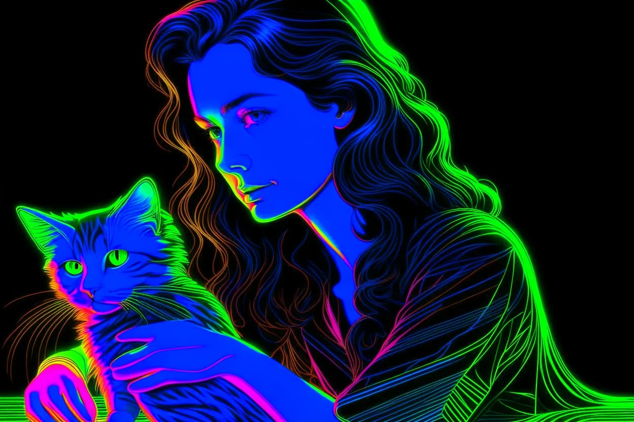 black light art, neon lines, contented brunette woman with fluffy kitten seeking something in the distance