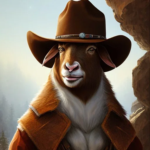 portrait of a western goat anthromorph male with a cowboy hat in the style of redwall