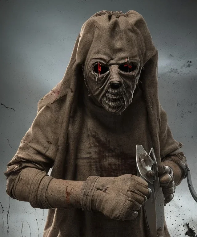 horror burlap sack mask serial killer necromancer holding a chainsaw wearing old bloody and dirty torn clothing full body shot" trending on Artgem style 8k