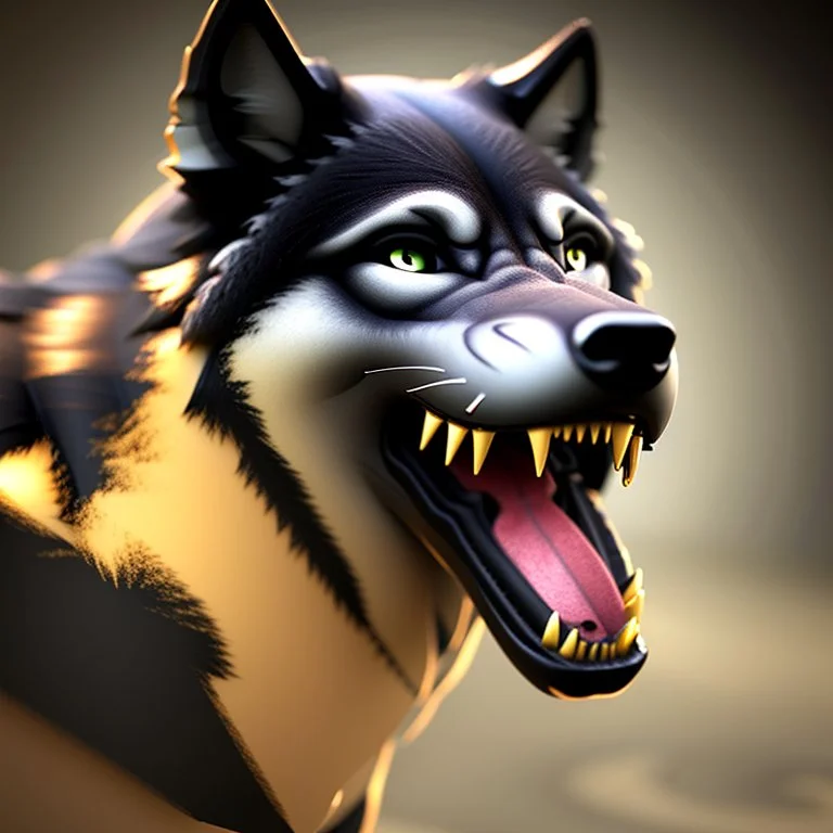 Ultra realistic cg rendering of Jet black wolf with gold eyes and saliva dripping from canine teeth