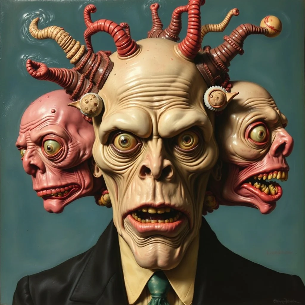 The oddest coagulation and mixture of beings, glossy finish, details very accentuated, stunning style, oniric, George Grosz, Max Ernst, hypermaximalist, disturbing, blatant, gross, funny