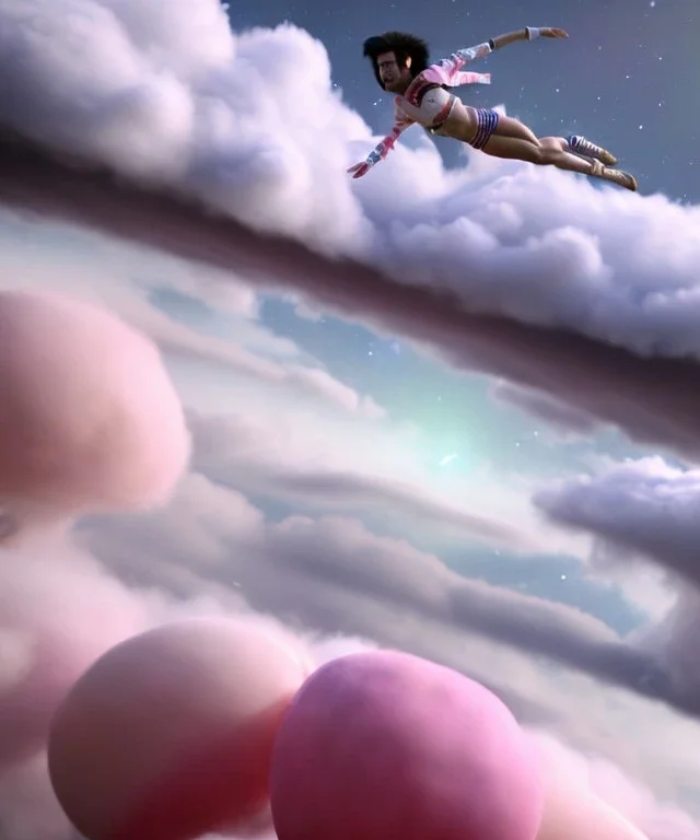 Ultra realistic speed clouds sky scene, wide angle view, sweet men falling down with many Childs, feather color clothing, free jumping flying, many trinkets, hair monster, many jelly beans, balls, color smoke, smile, happy, circus style, extreme, wind, clouds sea, 20,000 feet altitude, stratosphere, soft color, highly detailed, unreal engine 5, ray tracing, RTX, lumen lighting, ultra detail, volumetric lighting, 3d, finely drawn, high definition, high resolution.