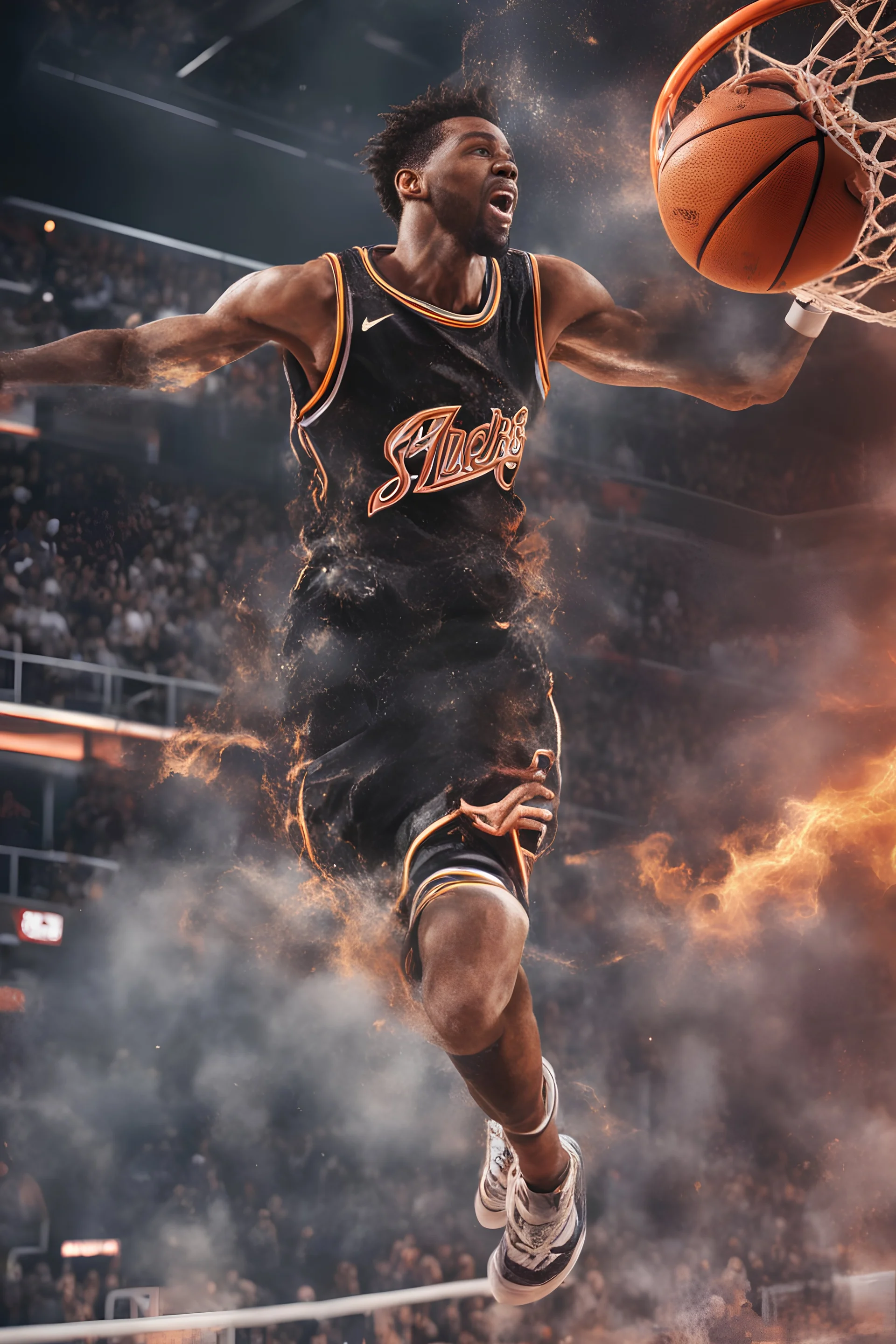 8k, highly realistic and detailed image of a NBA basketball player in action dunking the ball in the net, sweaty hair, screaming look,action and smoke and flames background