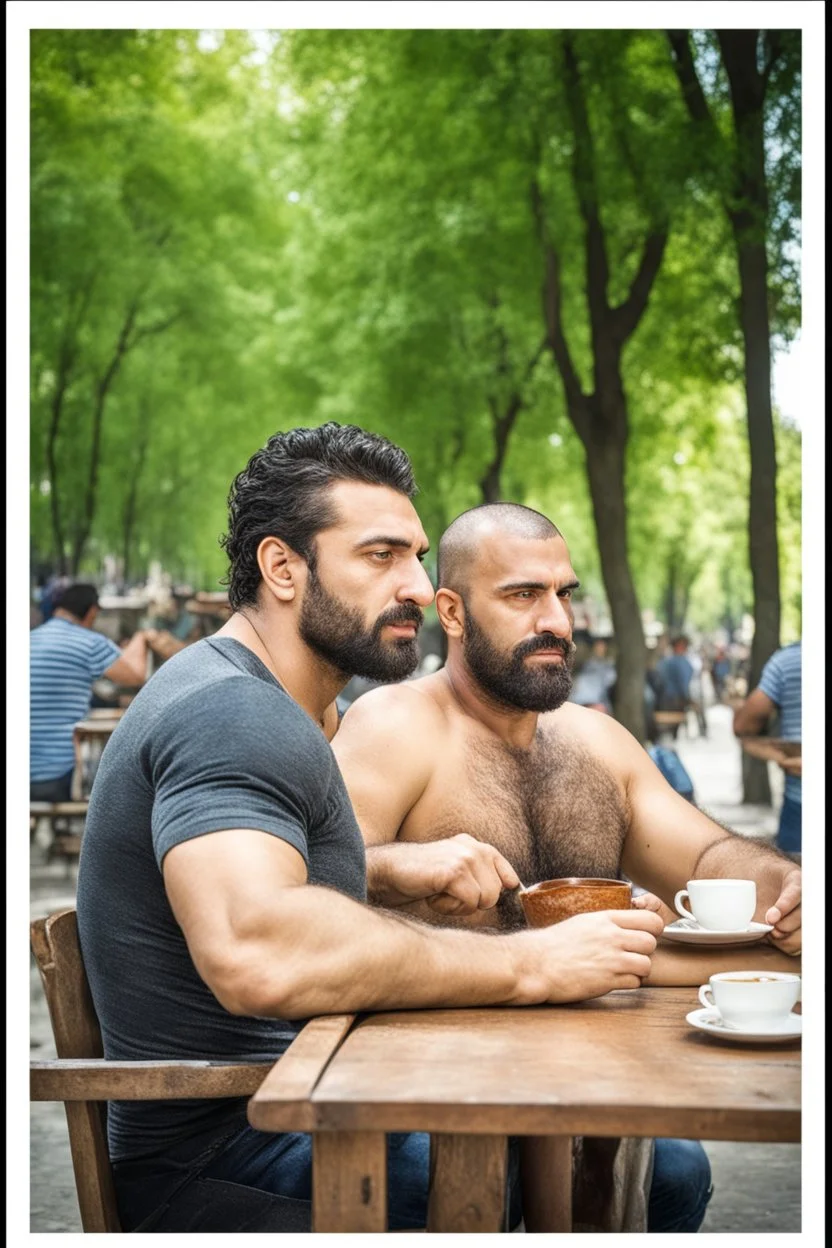 half figure photography of an ugly turkish barman servicing one coffee at the table, burly muscular big chubby shirtless short beard short hair, mainly chest very hairy 25 years old man, in a public park of Istambul , sunny day, sweat, wet, big shoulders, angry eyes, photorealistic