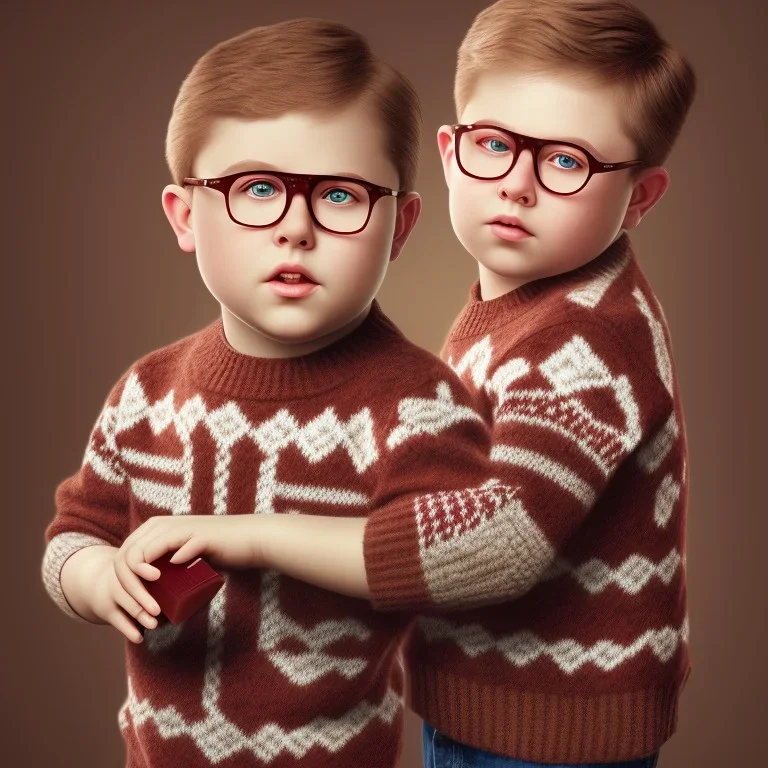 one peter billingsley chubby kid with glasses, gripping a single Dark red soap bar, ((brown))argyle sweater