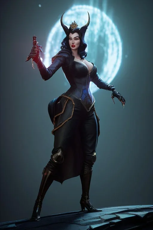 Ava Gardner as evil queen in black leather, busty, cleavage, curvy, angry, stern look. character design by cory loftis, fenghua zhong, ryohei hase, ismail inceoglu and ruan jia. unreal engine 5, artistic lighting, highly detailed, photorealistic, fantasy