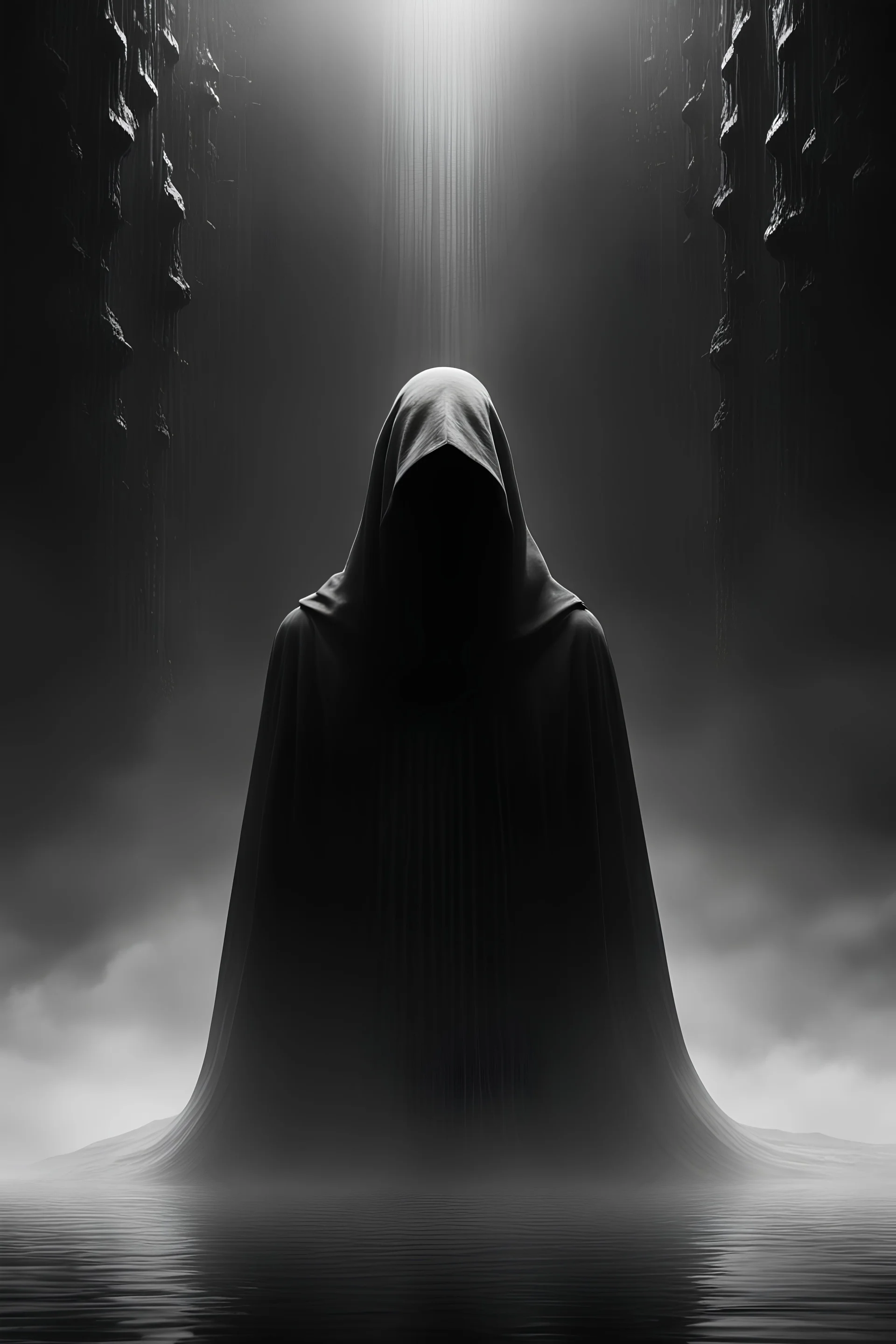 an enigmatic figure, cloaked in shades of black and white, emerges from the spectral depths. This ethereal presence is more than a mere silhouette; it embodies the very soul of tearout dubstep, a sonic entity pulsating with the brooding basslines and eerie synths that define the genre.