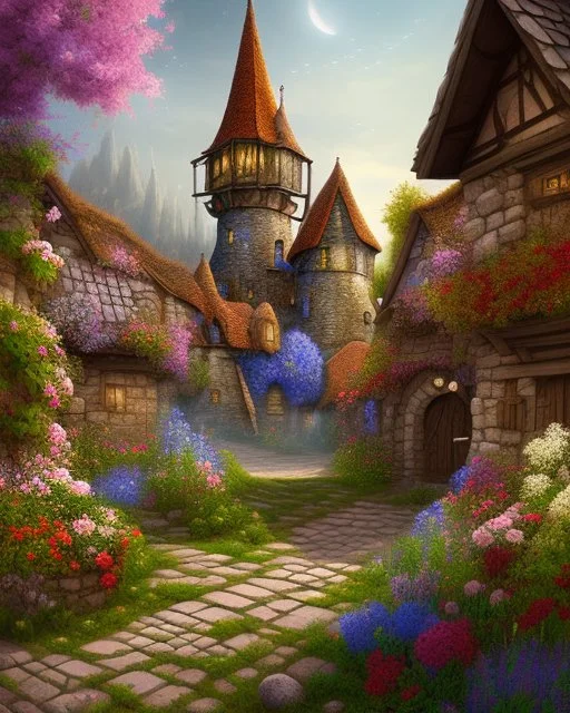 medieval fantasy village with flowers rpg art painterly