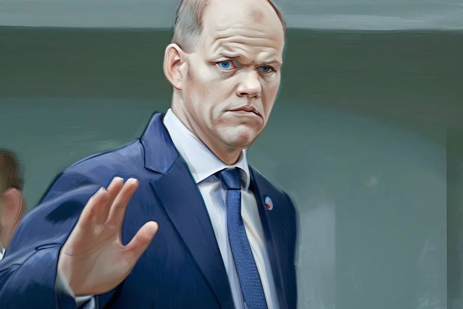 side view of Olaf Scholz walking, concerned expression, waving hand, pressed lips; in the style of VanGogh