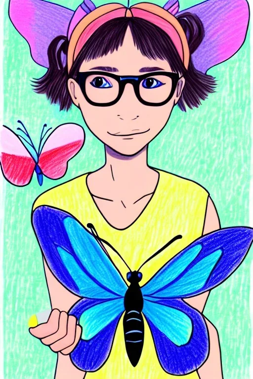 Dibujo de una mariposa de los abismos en el fondo, aparece una adolescente con gafas y un perrete azul.