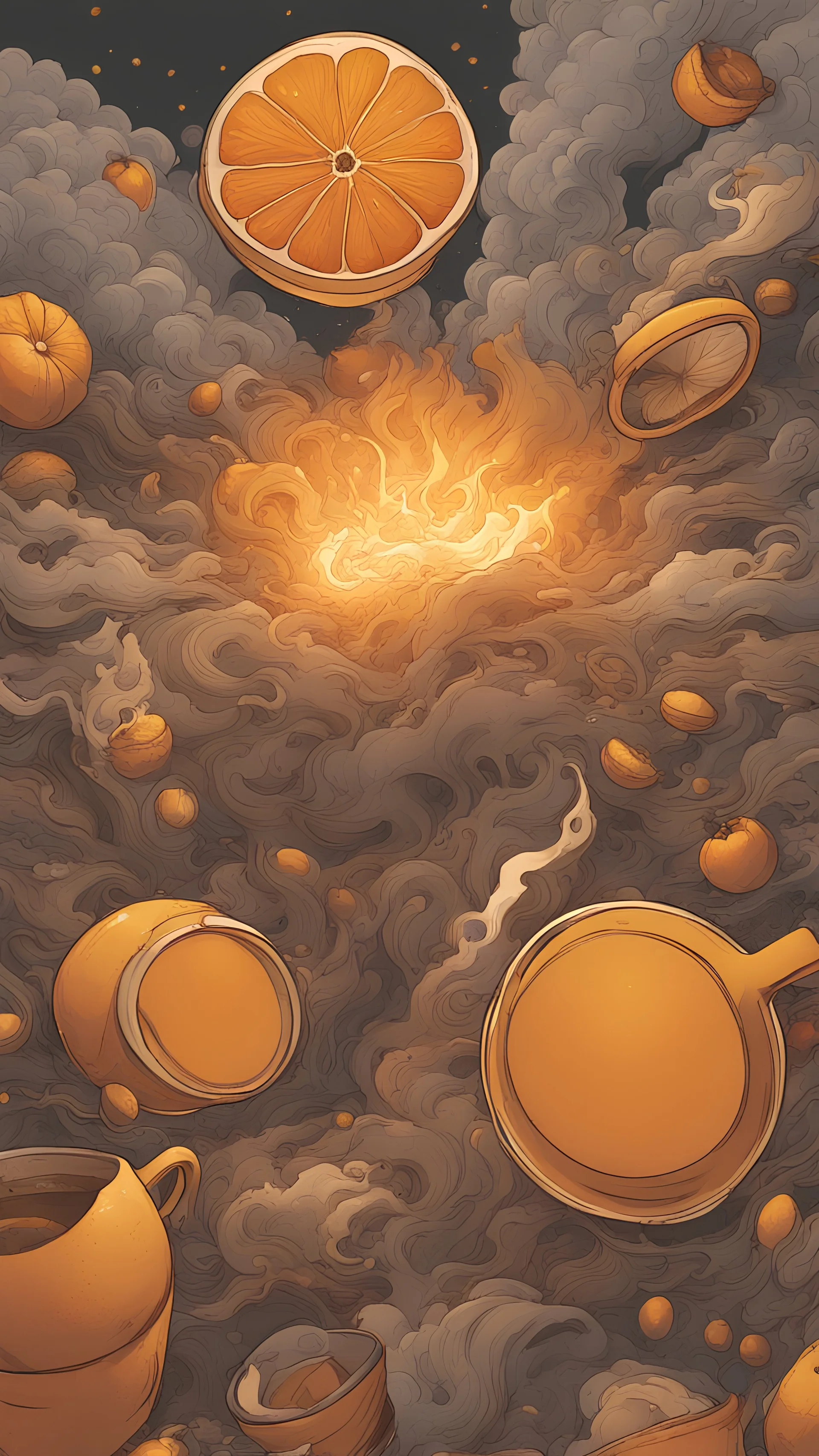 A massive explosion of coffee and smoke, lighting up the night sky with its brilliant oranges and yellows.