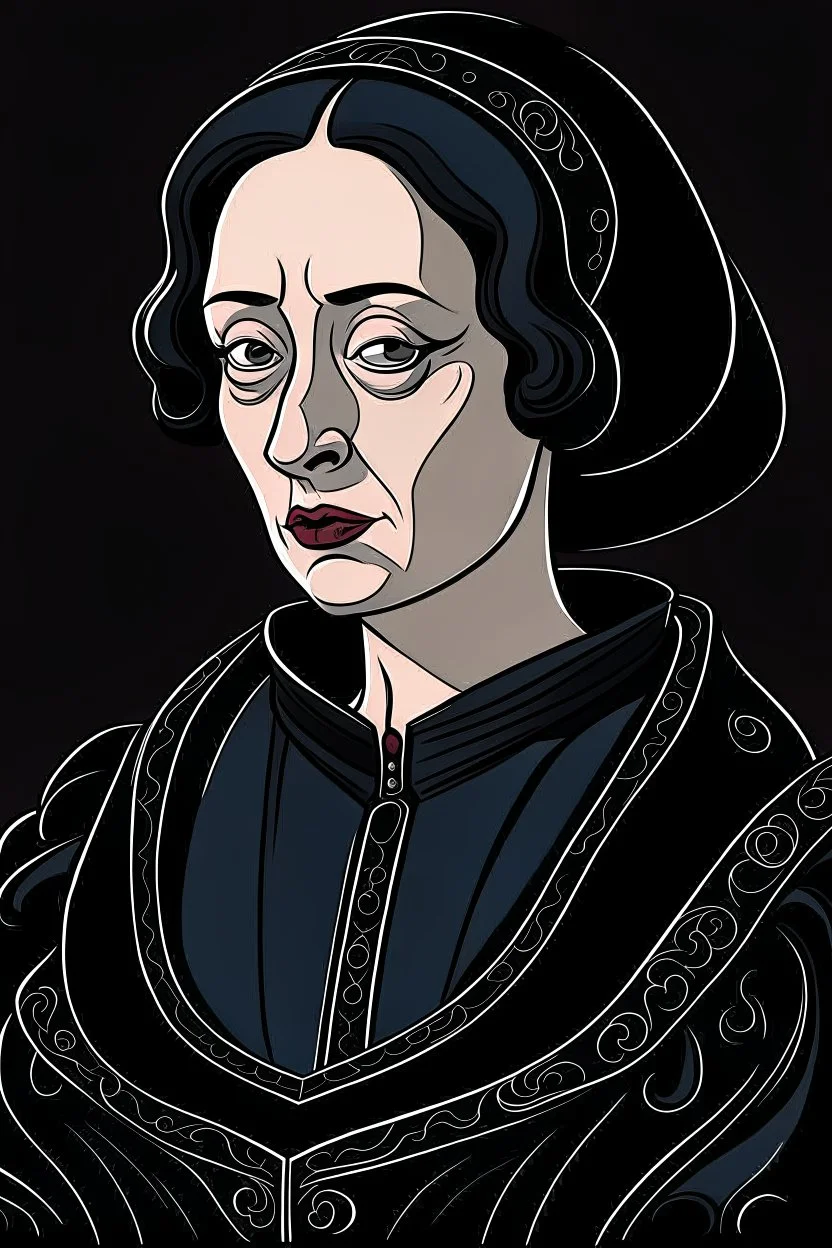 A portrait of a 40-years old beautiful aristocrat woman from XV century in strict dark clothes, authoritative, cold, emotionless, in the style of Genndy Tartakovsky's cartoons, uncovered head