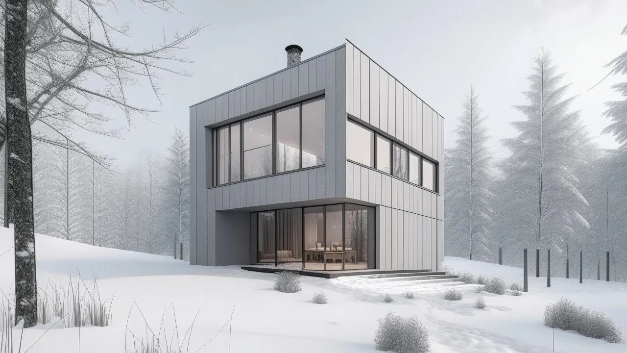 Modern and minimalist house in a winter environment is light gray, with vertical siding that gives it a subtle texture. There are small rectangular windows and a visible door, all emitting warm light from the inside. The house is situated in a snowy landscape, with several bare trees scattered around, suggesting that it is winter or a cold region.