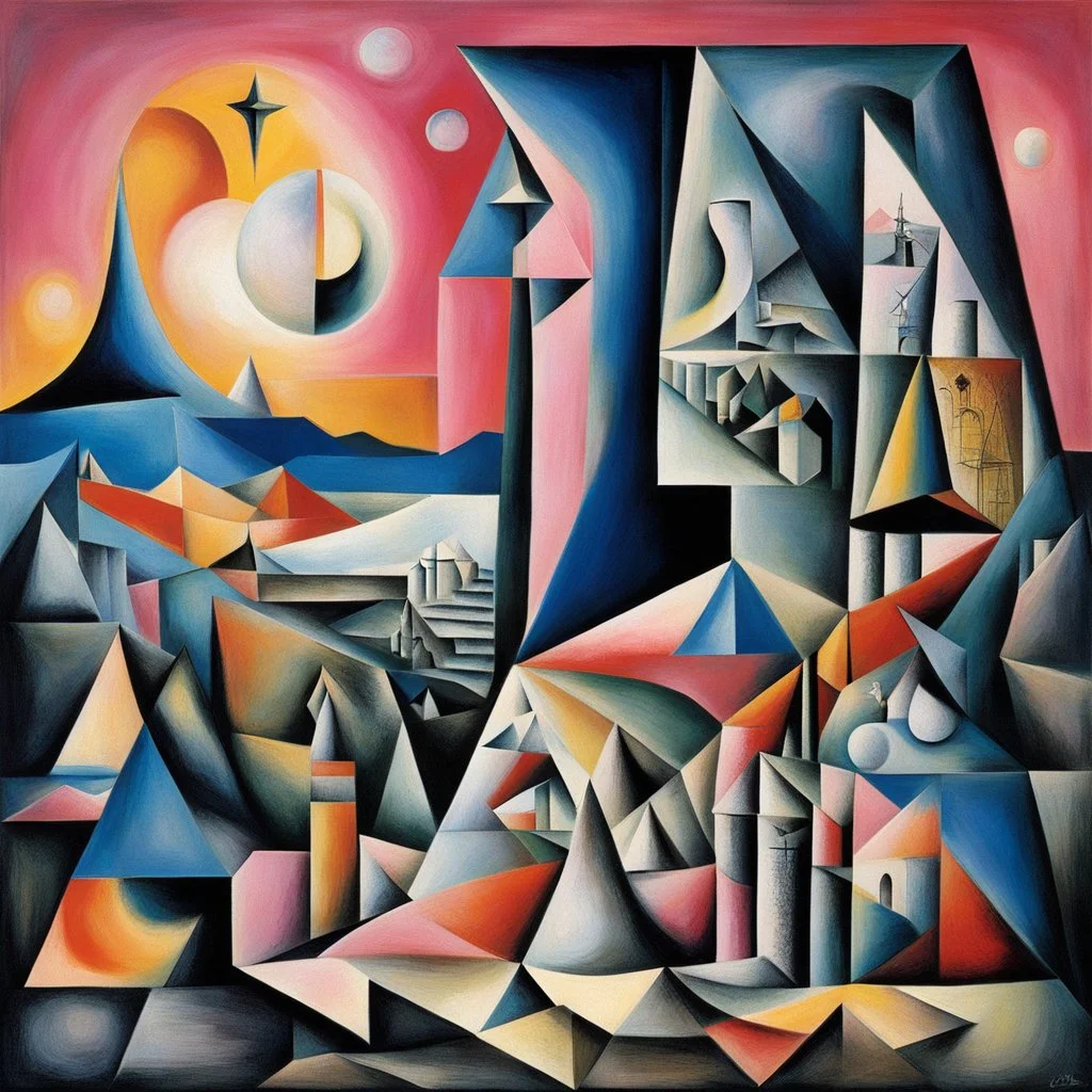 Surreal Cubist Dreamscape; by Picasso, pink floyd album cover, Chagall