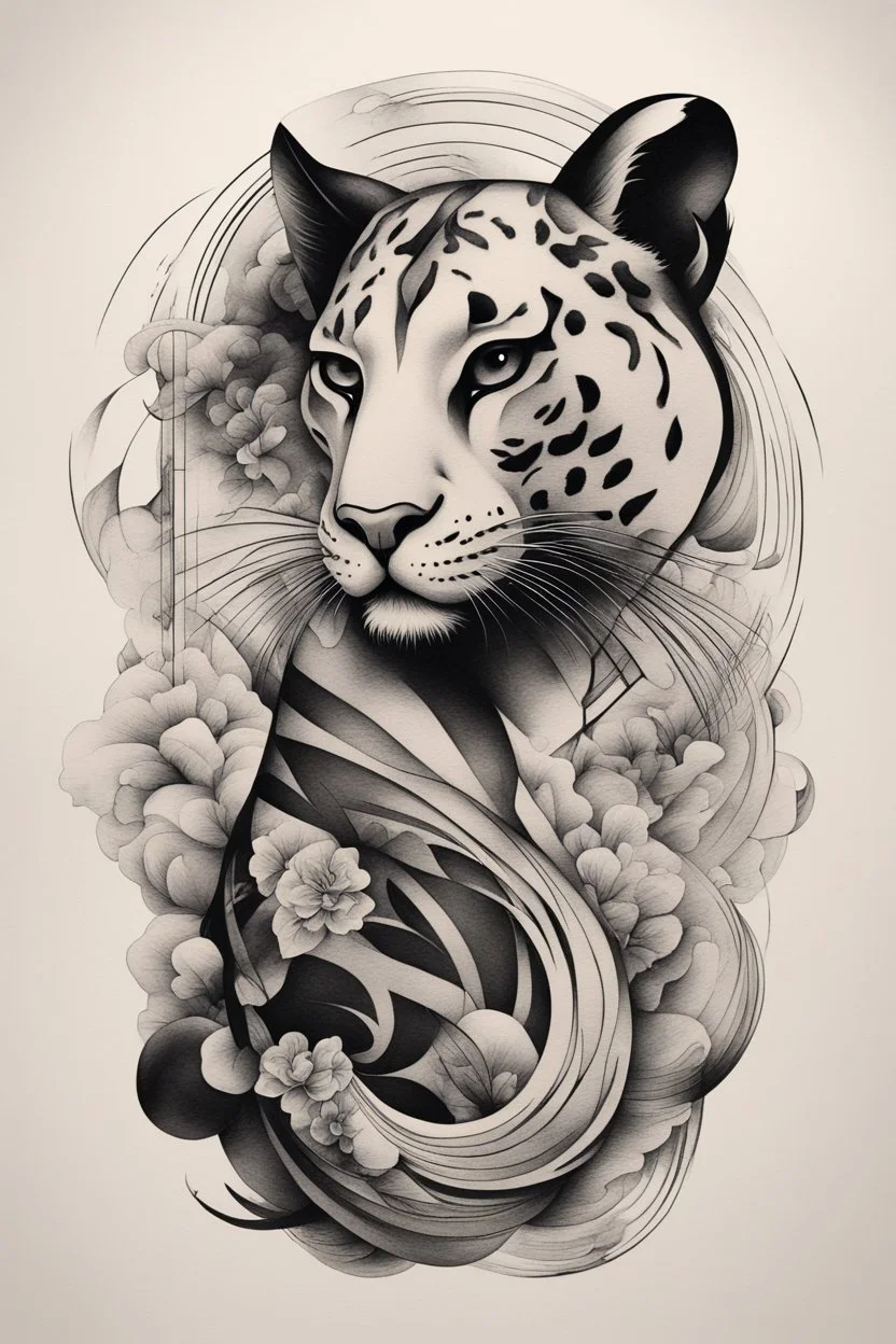 Create a captivating modern 2d ink tattoo design for print , prestigious Divine Panter using the elegant influences of japan art style, for print, dynamic elements from fashion and design, and bold Japanese contemporary art aesthetics, framing centered in the center, distanced from the edges of the paper perimeter, perfect anatomy, bauhaus, Divine Proportion,