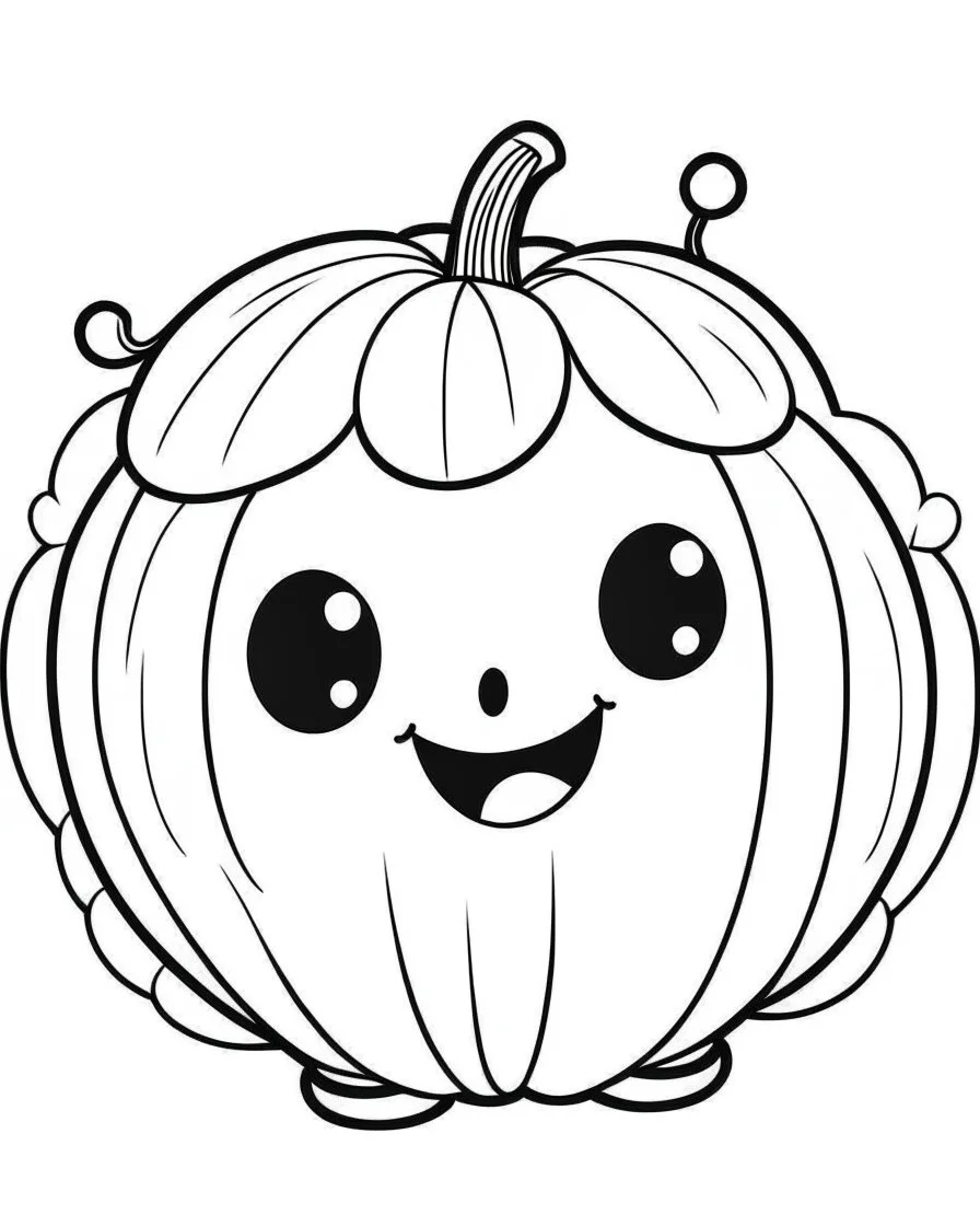 outline art for halloween coloring pages for kids with cartoon cute happy pumpkin , white background, Sketch style, full body, only use outline, clean line art, white background, no shadows and clear and well outlined, coloring page for kids, kawaii style