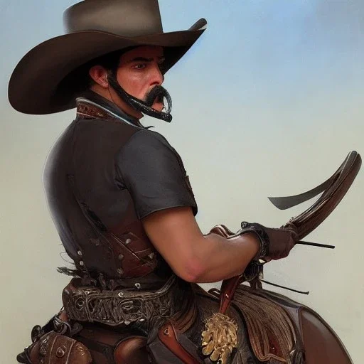 portrait,"Insanely detailed photograph of a male western mustachioed crossbowman", detailed charro and Sombrero, digital painting,eye patch, cigar, artstation, concept art, sharp focus, illustration, art by artgerm and greg rutkowski and alphonse mucha, 8 k,fantasy, unreal engine