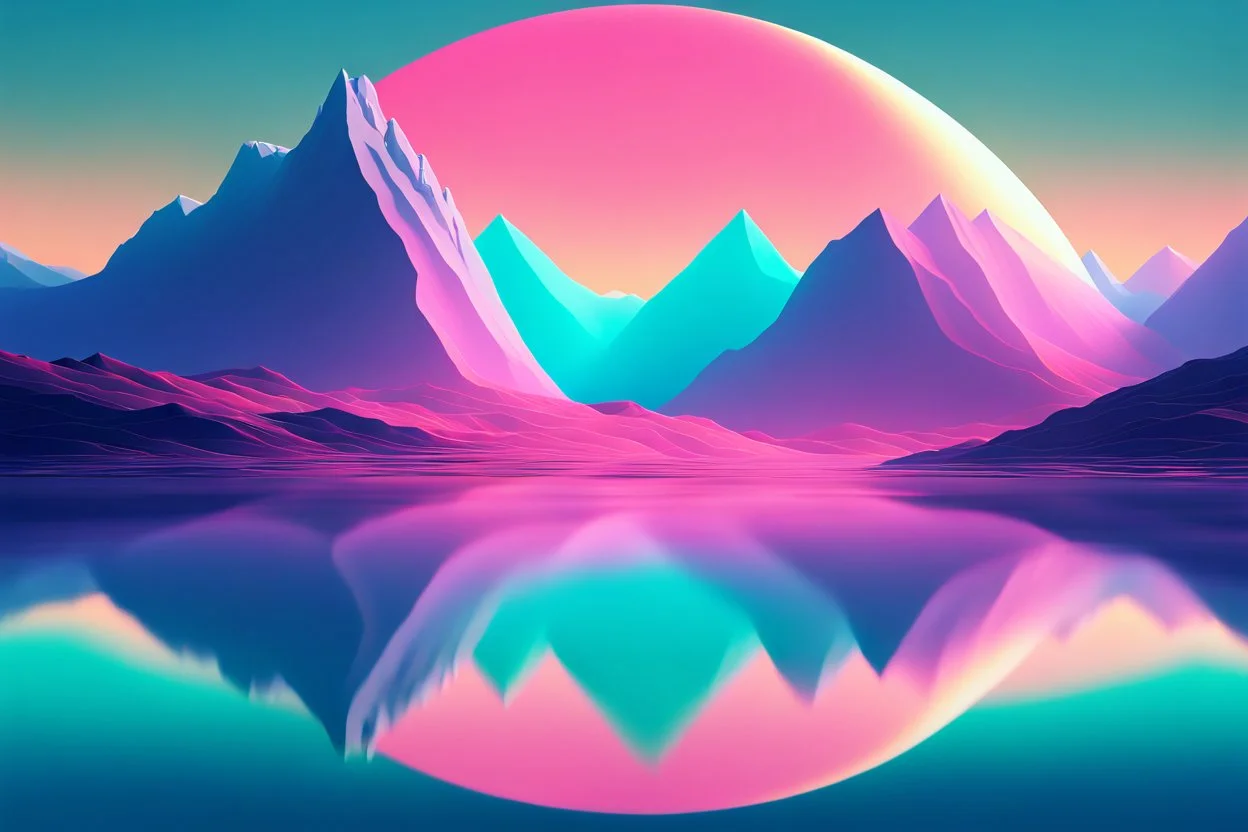 a large body of water with mountains in the background, inspired by Beeple, minimalism, sun rises between two mountains, colorful ravine, moon rising, mobile wallpaper, beautiful composition 3 - d 4 k, beautiful iphone wallpaper, a round minimalist behind, the middle of a