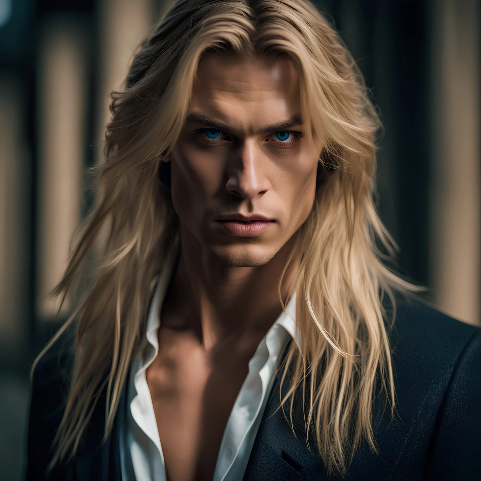 portrait of a malavolent stunningly handsome male aged 25, muscular, long blonde hair, blue eyes, wearing a dark suit, angry expression,4k, modern fantasy