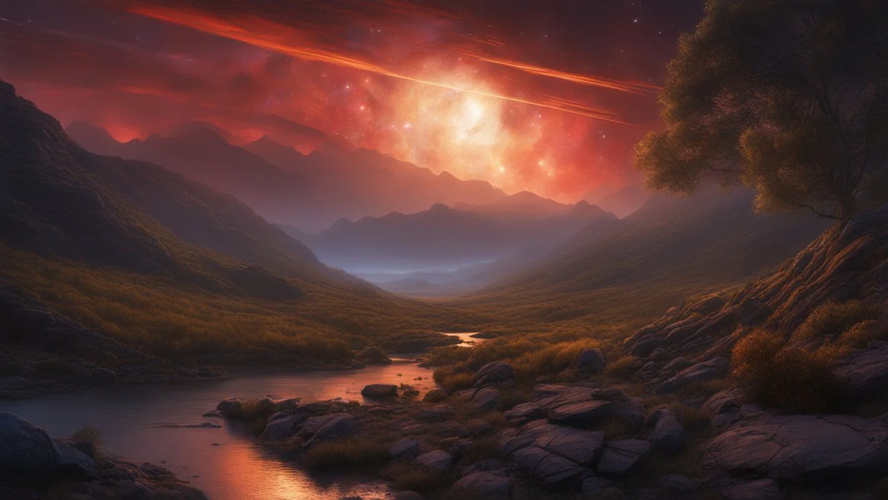 A stunning night sky seen from the bottom of a deep valley. a dying star. exquisite realism, a masterpiece, fantasy concept art, dynamic lighting, intricately detailed, deep color, Unreal Engine, volumetric lighting, Epic cinematic brilliant stunning intricate meticulously detailed dramatic atmospheric maximalist digital matte painting. Michael whelan.