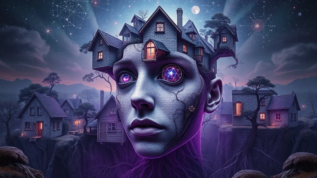 A hyper-detailed, surreal photographic composition blending impossible geometries with organic elements. At the center, a fragmented human face emerges from a village landscape, its features dissolving into: Architectural absurdity: Floating cottages with lace-like brickwork Celestial interference: Constellation patterns etched into skin pores Natural surrealism: Trees growing through eyeballs, roots forming mathematical fractals The scene glows with an eerie luminescence (deep indigo to violet