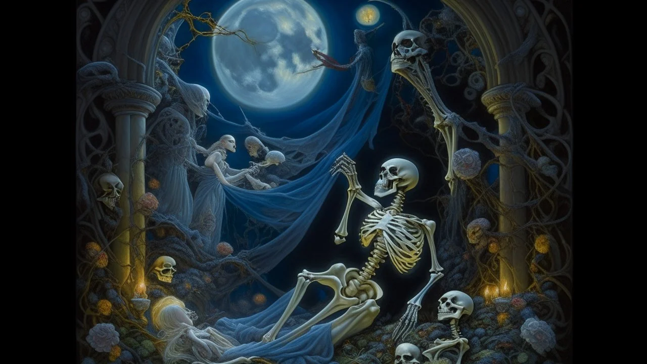 Born amidst a chorus of skeletons in a moonlit cemetery, the scene captures the momentous declaration of eternal love. The intricate image depicts a newborn, surrounded by skeletal figures, under a weeping yet joyful moon. This hauntingly beautiful painting showcases the delicate balance between life and death, with vivid colors and meticulous attention to detail. The overall quality of the artwork is superb, evoking a sense of both melancholy and enchantment.