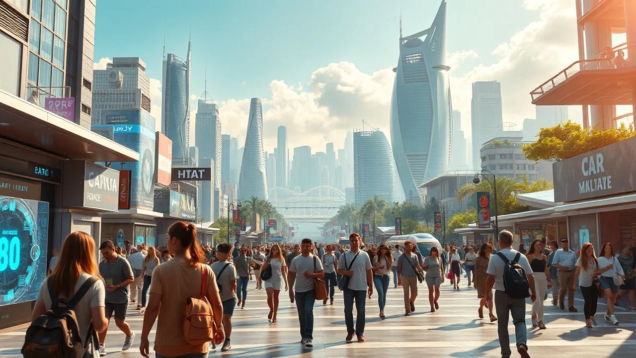 A futuristic scene depicting the bustling heart of a 2080 city center. The foreground features a diverse array of photorealistic individuals engaged with innovative, tech-enhanced elements - holographic displays, autonomous transportation, immersive public art. In the background, a panoramic vista of the larger city skyline - towering organic skyscrapers, elevated transit, verdant green spaces. Convey a sense of scale, depth and awe-inspiring technological wond